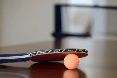 an egg is sitting next to a ping pong paddles and a ball at Sky House chalet in Tabernash