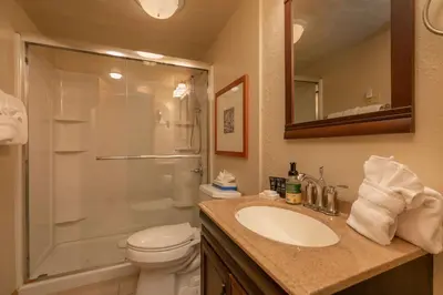 a bathroom with a shower and a sink and a toilet at Lodge at Lake Dillon Condo: Great Year-Round Location in Dillon