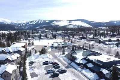 an aerial view of a town in the snow at Downtown Winter Park Condo with Free Bus to Ski Base in Winter Park