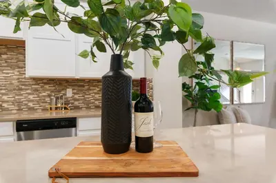 a black vase with a bottle of wine on a table at Urban Oasis near Breweries & Old Town - Free Bikes in Fort Collins