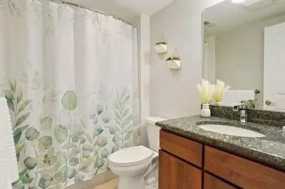 a bathroom with a toilet and a shower curtain at Shakedown St HOT TUB Fire Pit and 4 Miles to DT in Denver