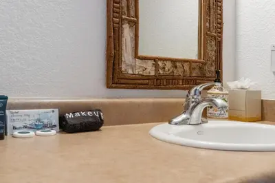 a bathroom counter with a sink and a mirror at The Loose Moose Lodge in Grand Lake