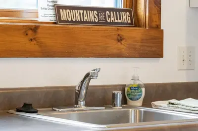 a kitchen sink with a bottle of cleaning detergent on it at The Loose Moose Lodge in Grand Lake