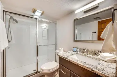 a bathroom with a shower and a toilet and a sink at 10 Mi to Denver Pet-Friendly Arvada Home with Yard! in Arvada