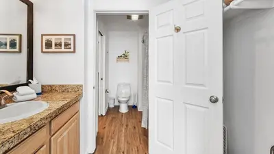 a bathroom with a white toilet and a sink at Lakeside 1BR 4-Min to Keystone Ski Resort in Keystone