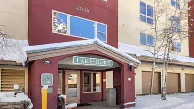 a large red building with a sign for a library at Lakeside 1BR 4-Min to Keystone Ski Resort in Keystone