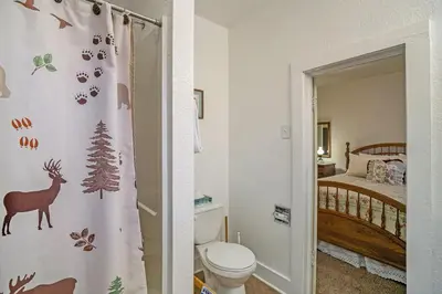 a bathroom with a toilet and a shower curtain at O'Deer Cabin - Pet Friendly - Estes Park -- EV#3241 cabin in Estes Park