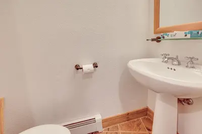 a bathroom with a toilet and a sink at Keystone Ski House Gem Walk to River Run Gondola! in Keystone