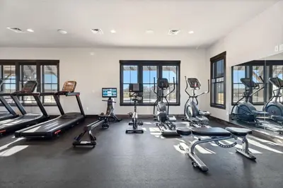 a gym with several treadmills and cardio machines at Serene Retreat with Hot Tub, Sauna, Pool & Gym in Windsor