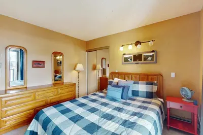 a bedroom with a blue and white checkered bed at Frosty Peak Perch in Fraser