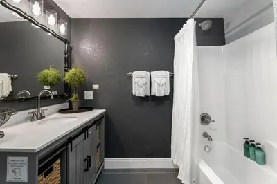 a bathroom with a sink and a shower at Beautiful Old Town 2 Bedroom Apartment with Bikes! in Fort Collins