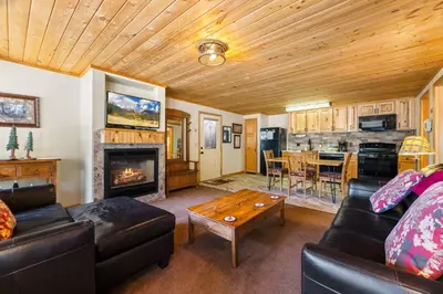 a living room with a couch and a fireplace at Creekside Suites 17 by Estes Park Condos in Estes Park