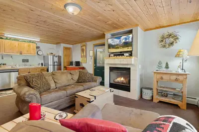 a living room with a couch and a fireplace at Creekside Suites 22 by Estes Park Condos in Estes Park