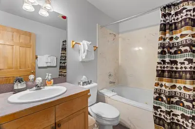 a bathroom with a sink and a toilet and a tub at Creekside Suites 18 by Estes Park Condos in Estes Park