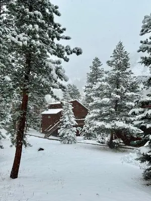 a snow covered yard with trees and a barn at Bugle Pointe B23 by Estes Park Condos in Estes Park