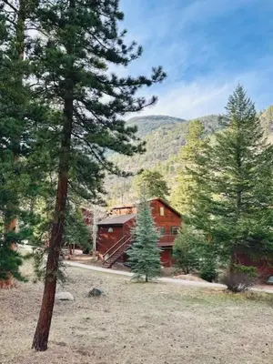 a house in the middle of a field with trees at Bugle Pointe B23 by Estes Park Condos in Estes Park