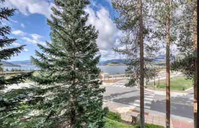 a large pine tree in front of a lake at Lake Cliffe E201 by Great Western Lodging in Dillon
