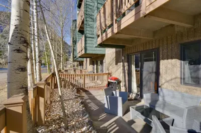 a house with a porch and a tree next to it at Ten Mile Creek 115 by Great Western Lodging in Frisco