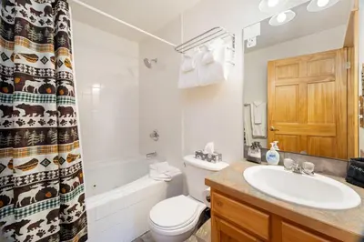 a bathroom with a toilet sink and a shower curtain at Bugle Pointe B11 by Estes Park Condos in Estes Park