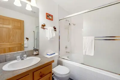 a bathroom with a sink and a toilet and a shower at Bugle Pointe B15 by Estes Park Condos in Estes Park