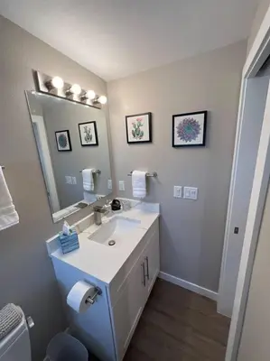 a bathroom with a sink and a mirror at Cozy 1 bedroom in the heart of Brighton in Brighton