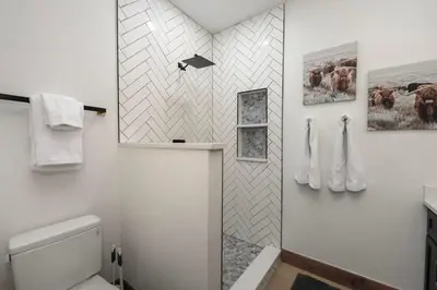 a bathroom with a shower and a toilet in it at Luxury Mountain Retreat in Fraser