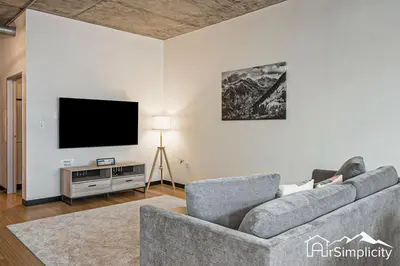a living room with a couch and a flat screen tv at Condo w pvt balcony & gym access in Denver