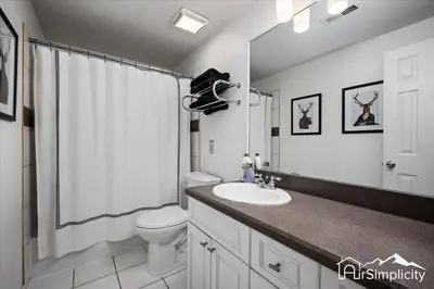 a bathroom with a sink and a toilet and a mirror at Quiet Denver retreat w hot tub & fireplace in Denver