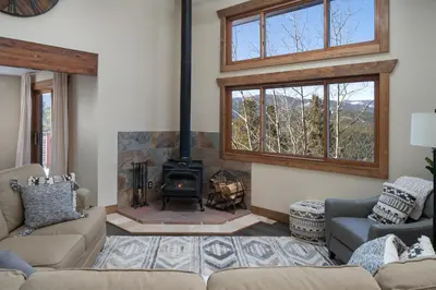 a living room with a fireplace and a couch at Mountain View Retreat home in Nederland