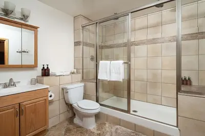 a bathroom with a shower and a toilet and a sink at Mountain View Retreat home in Nederland