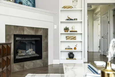 a living room with a fireplace at Modern Elegance - Pool Table - Walkable Area in Aurora