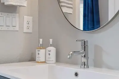 a bathroom with two bottles ofodorizers on a sink at LuxuryDenver Studio w Hot Tub 2 Mi to Downtown in Denver