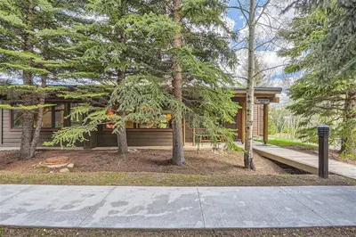 a home in the woods with trees and a sidewalk at 2024 Homestead condo in Keystone