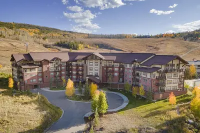 an aerial view of a large apartment building at Base Camp 313 condo in Granby