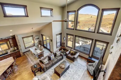 an overhead view of a living room with large windows at Indian Trail Cabin cabin in Granby