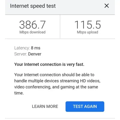 a screenshot of a cell phone with the internet speed test at Outdoor Living and comfort by RiNo BBQ Office in Denver