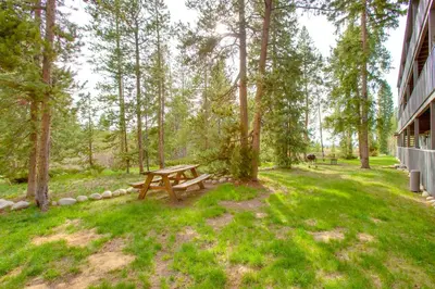 a picnic table in the grass next to a building at Hike, Bike, Ski Winter Park Condo with Deck in Winter Park