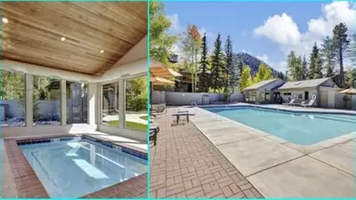 two pictures of a house with a swimming pool at 2BR Keystone Condo Near Ski Lifts and Trails in Keystone