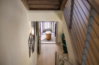 an overhead view of a hallway with a barrel at Roof Deck - MTN View - Hot Tub - Cold Plunge in Silverthorne