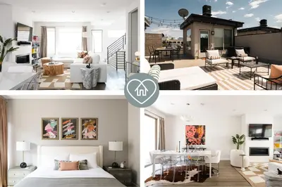 two images of a bedroom and a living room at Vogue Posh Pad - Center of LoHi - Large Roof Deck in Denver