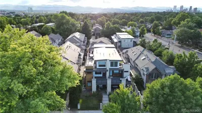 an aerial view of a house in a residential neighborhood at Luxurious, Modern Townhome 5 minute Walk from Cherry Creek North in Denver