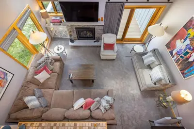 an overhead view of a living room with a couch at 13 Liftside townhouse in Keystone