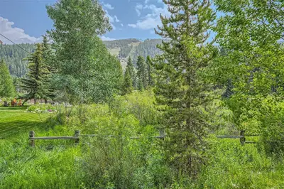 a field with trees and a bench in the grass at 13 Liftside townhouse in Keystone
