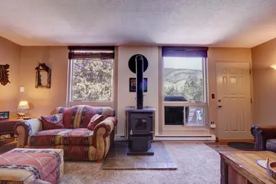 a living room with a couch and a stove at Orofino Dillon 104 condo in Dillon