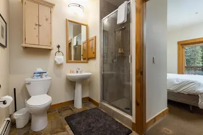 a bathroom with a shower and a toilet and a sink at 8721 Ski Tip Townhomes townhouse in Keystone