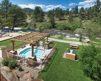 an overhead view of a swimming pool in a yard at Worldmark - Estes Park 1BD in Estes Park