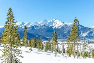 a group of trees in the snow with mountains at 2 Bedroom Gateway Lodge Condo Near Mountain House in Keystone