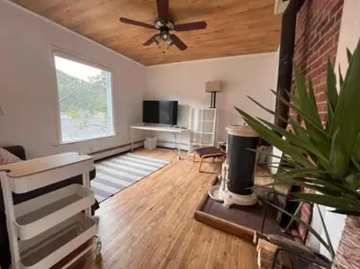 a living room with a ceiling fan and a television at 3 Bedroom - Awesome Views, Light, Deck in Idaho Springs