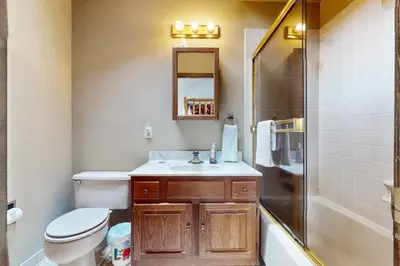 a bathroom with a sink and a toilet and a shower at Viking Alpine Haven in Winter Park