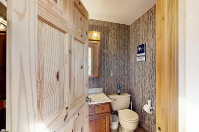 a bathroom with a toilet and a wooden door at Viking Alpine Haven in Winter Park